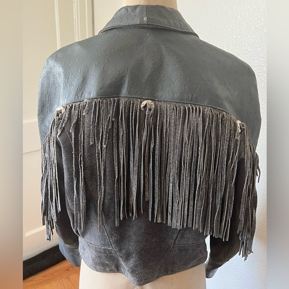 Jackets & Blazers - Vintage 1980s Leather Fringe Jacket Gray, Ostrich Print Leather and Suede - Sz M